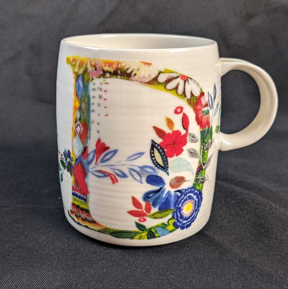 Anthropologie Colorful Petal Palette Monogram Floral D Starla Halfmann Mug Cup